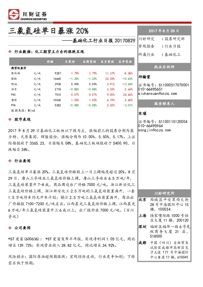 川财证券：基础化工行业日报：三氯氢硅单日暴涨20%