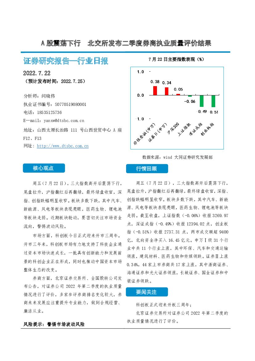 大同证券：非银金融行业日报：A股震荡下行 北交所发布二季度券商执业质量评价结果 海报