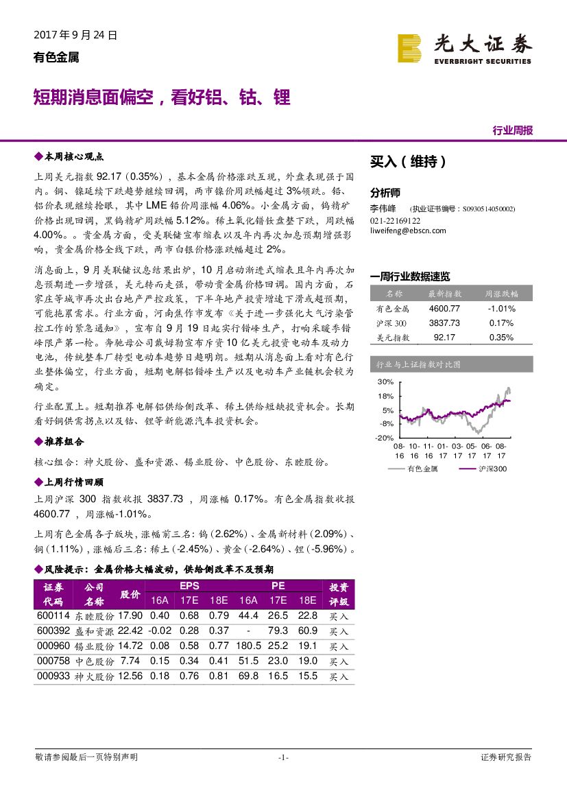 光大证券：有色金属行业周报：短期消息面偏空，看好铝、钴、锂