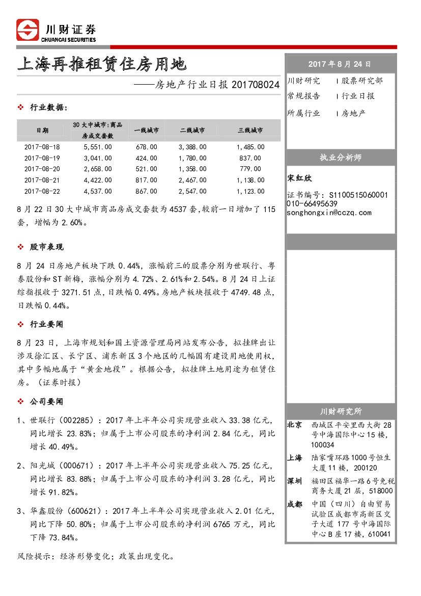 川财证券：房地产行业日报：上海再推租赁住房用地