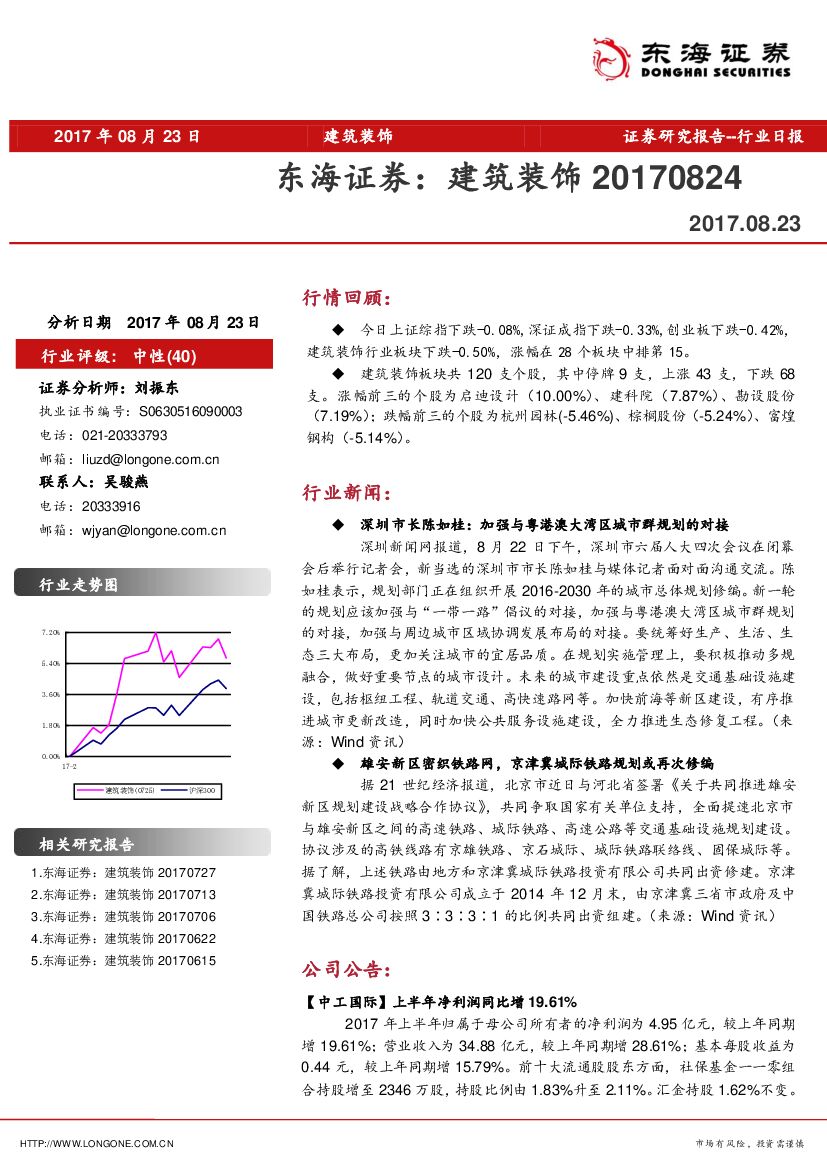 东海证券：建筑装饰行业日报