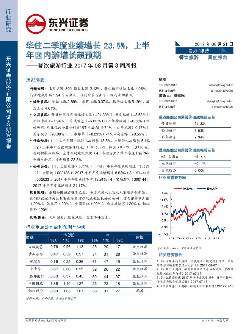 东兴证券：餐饮旅游行业2017年08月第3周周报：华住二季度业绩增长23.5%，上半年国内游增长超预期