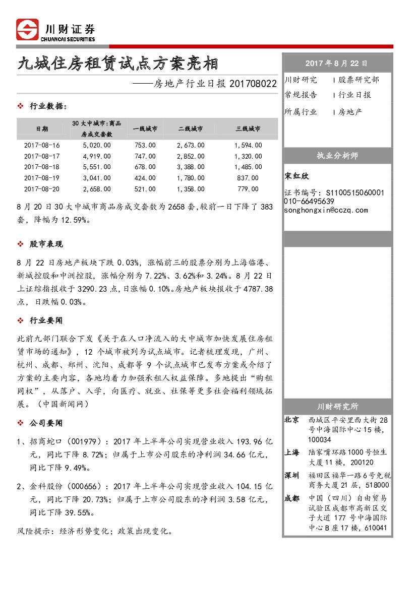 川财证券：房地产行业日报：九城住房租赁试点方案亮相