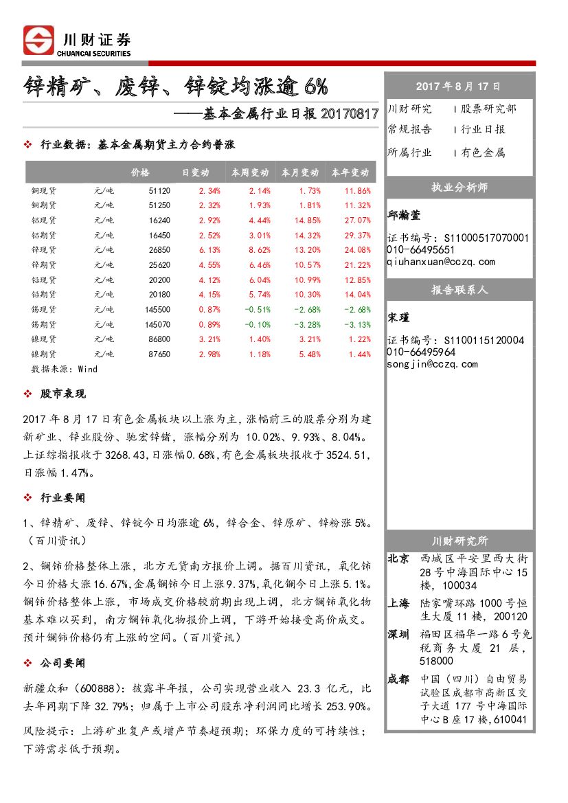 川财证券：基本金属行业日报：锌精矿、废锌、锌锭均涨逾6%