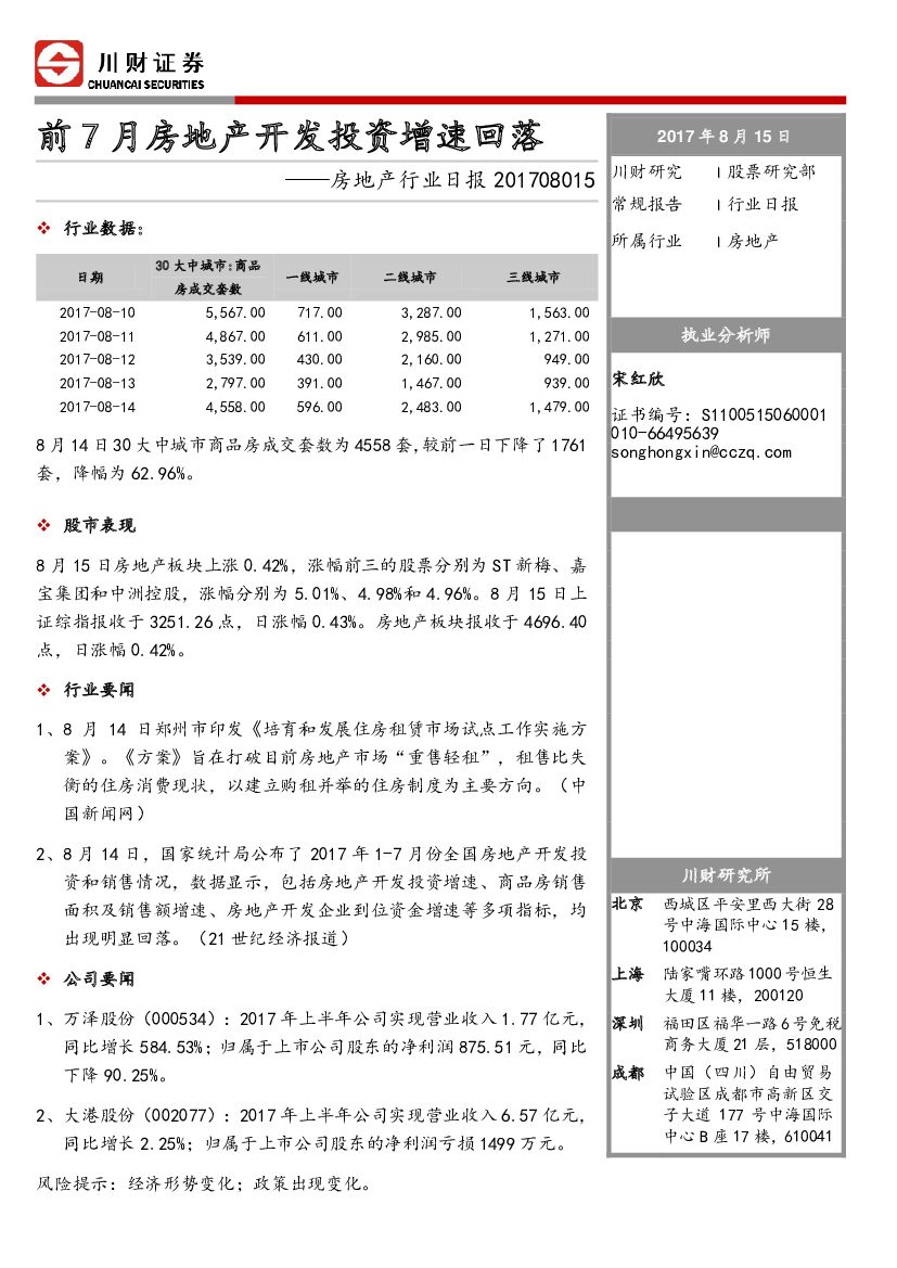 川财证券：房地产行业日报：前7月房地产开发投资增速回落