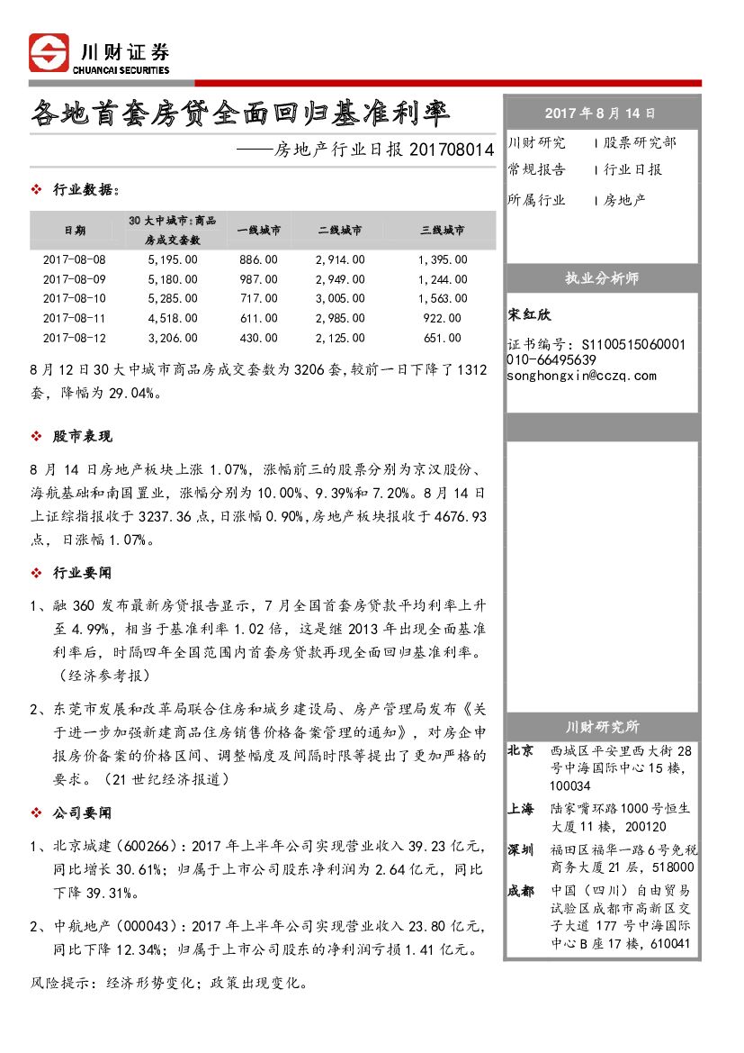 川财证券：房地产行业日报：各地首套房贷全面回归基准利率