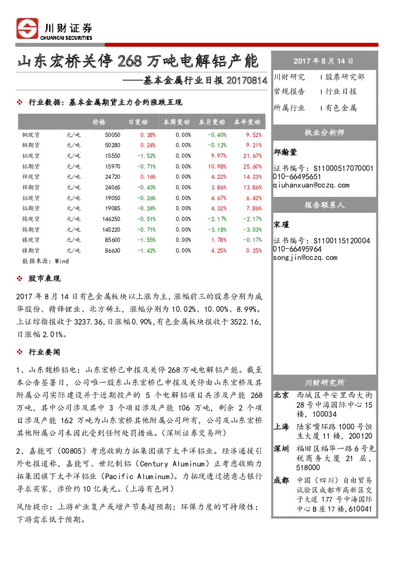 川财证券：基本金属行业日报：山东宏桥关停268万吨电解铝产能
