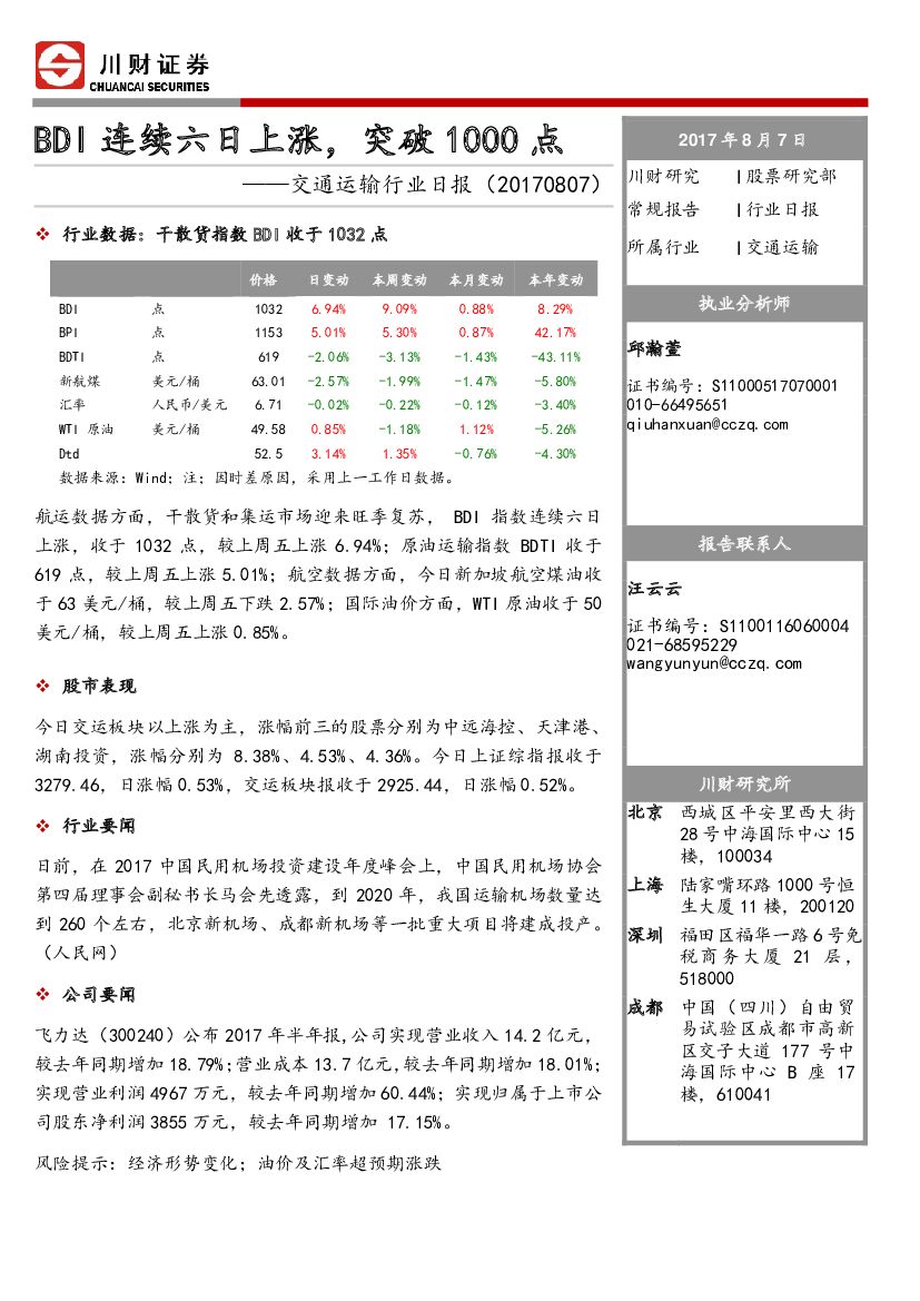 川财证券：交通运输行业日报：BDI连续六日上涨，突破1000点