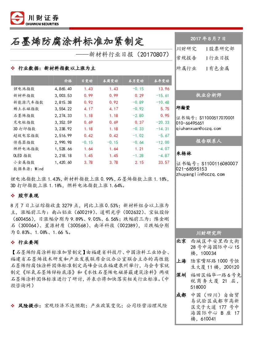 川财证券：新材料行业日报：石墨烯防腐涂料标准加紧制定