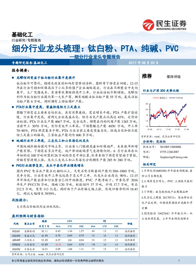 民生证券：基础化工细分行业龙头专题报告：细分行业龙头梳理：钛白粉、PTA、纯碱、PVC