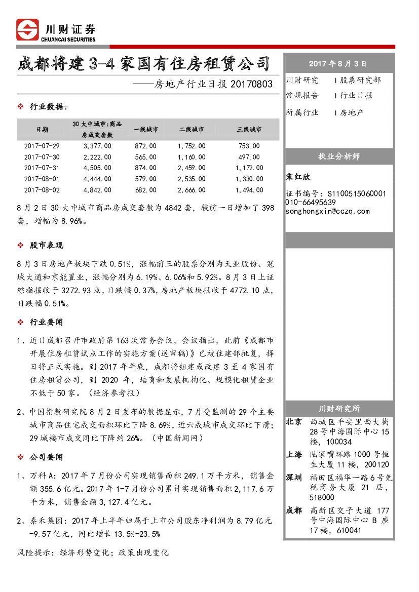 川财证券：房地产行业日报：成都将建3-4家国有住房租赁公司