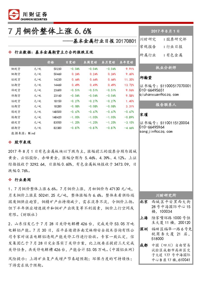 川财证券：基本金属行业日报：7月铜价整体上涨6.6%