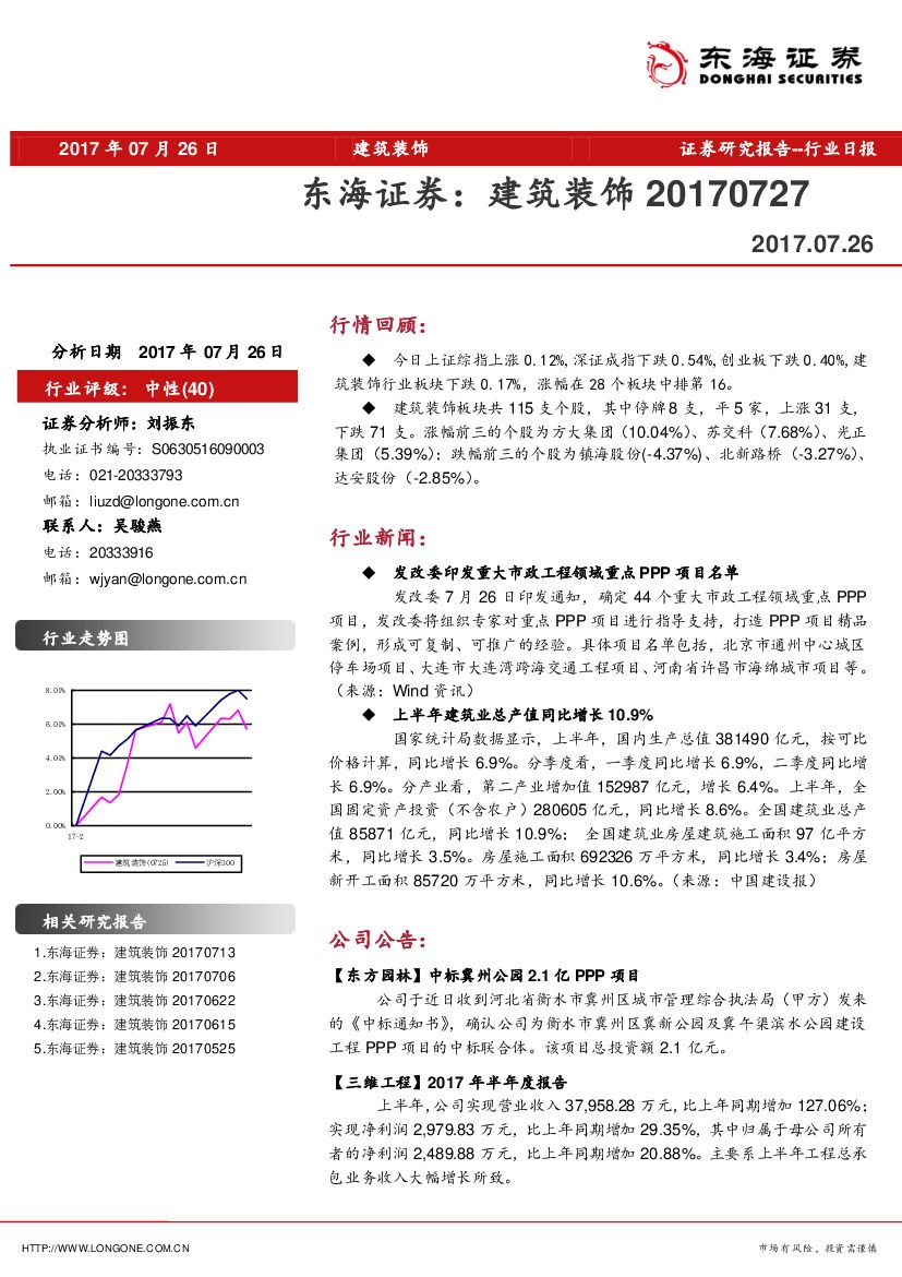 东海证券：建筑装饰行业日报