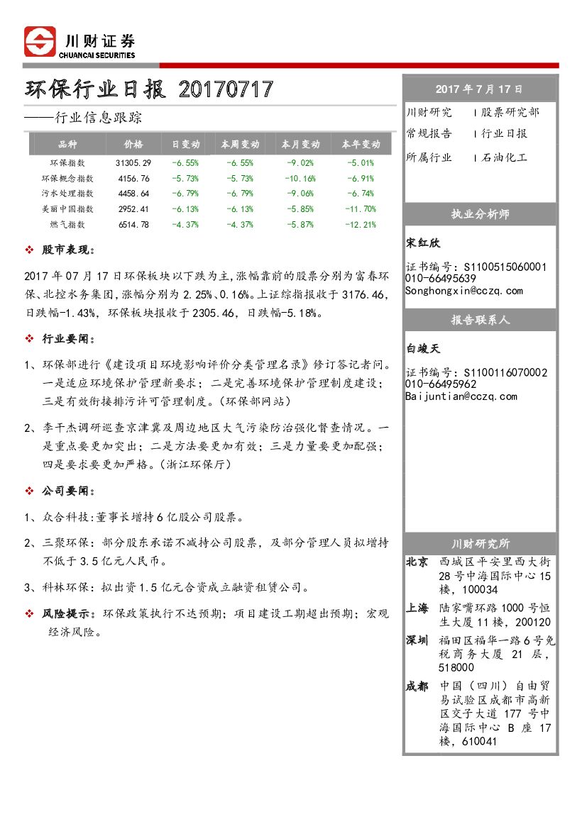 川财证券：环保行业日报