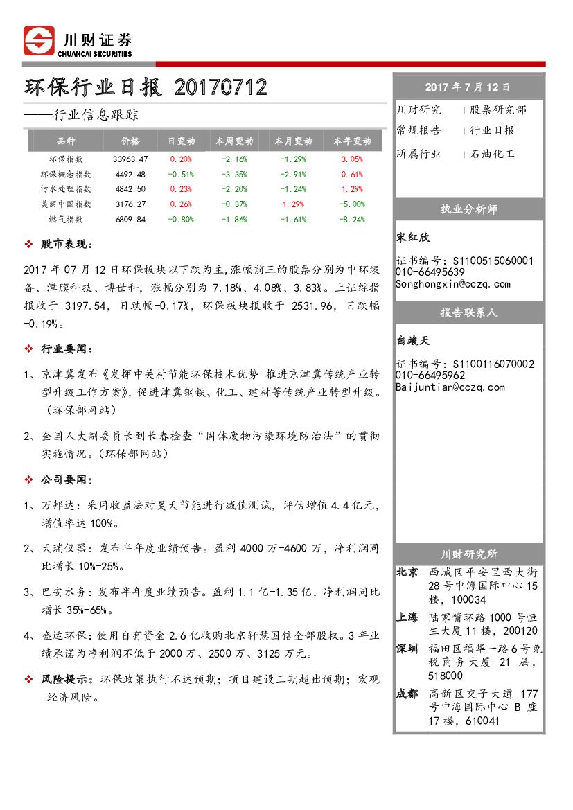 川财证券：环保行业日报
