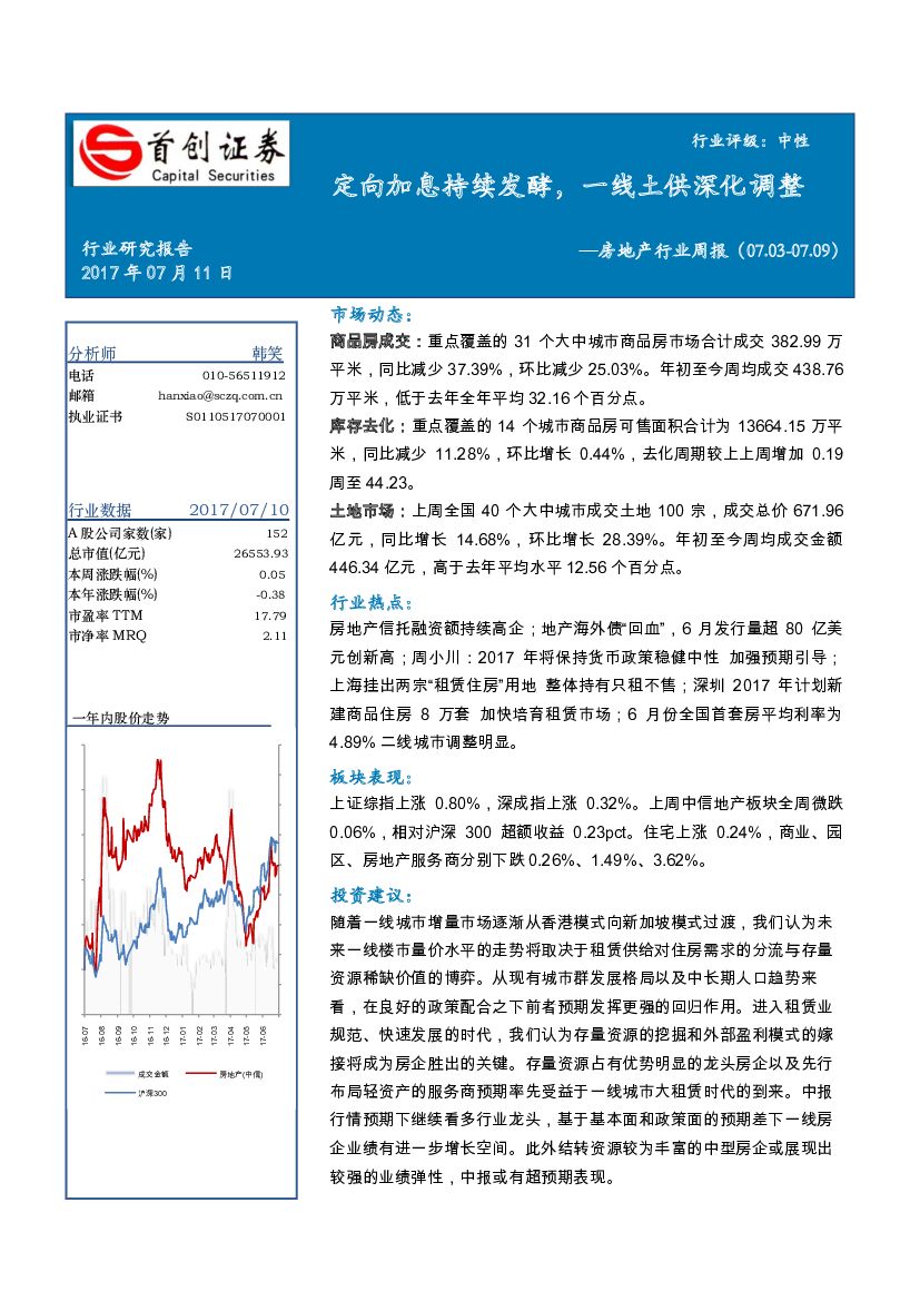 首创证券：房地产行业周报：定向加息持续发酵，一线土供深化调整