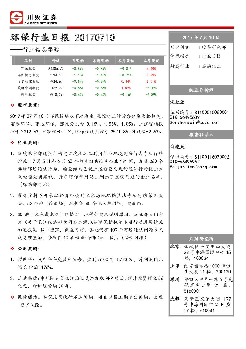 川财证券：环保行业日报