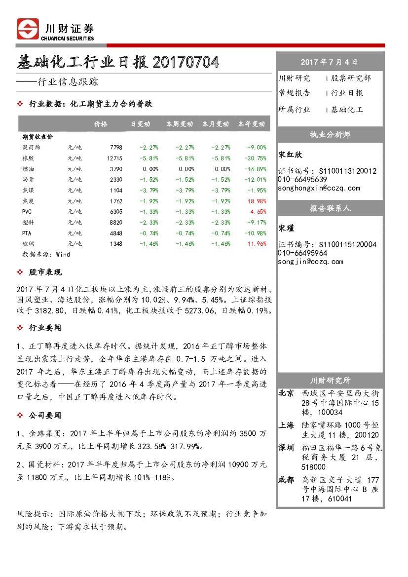 川财证券：基础化工行业日报