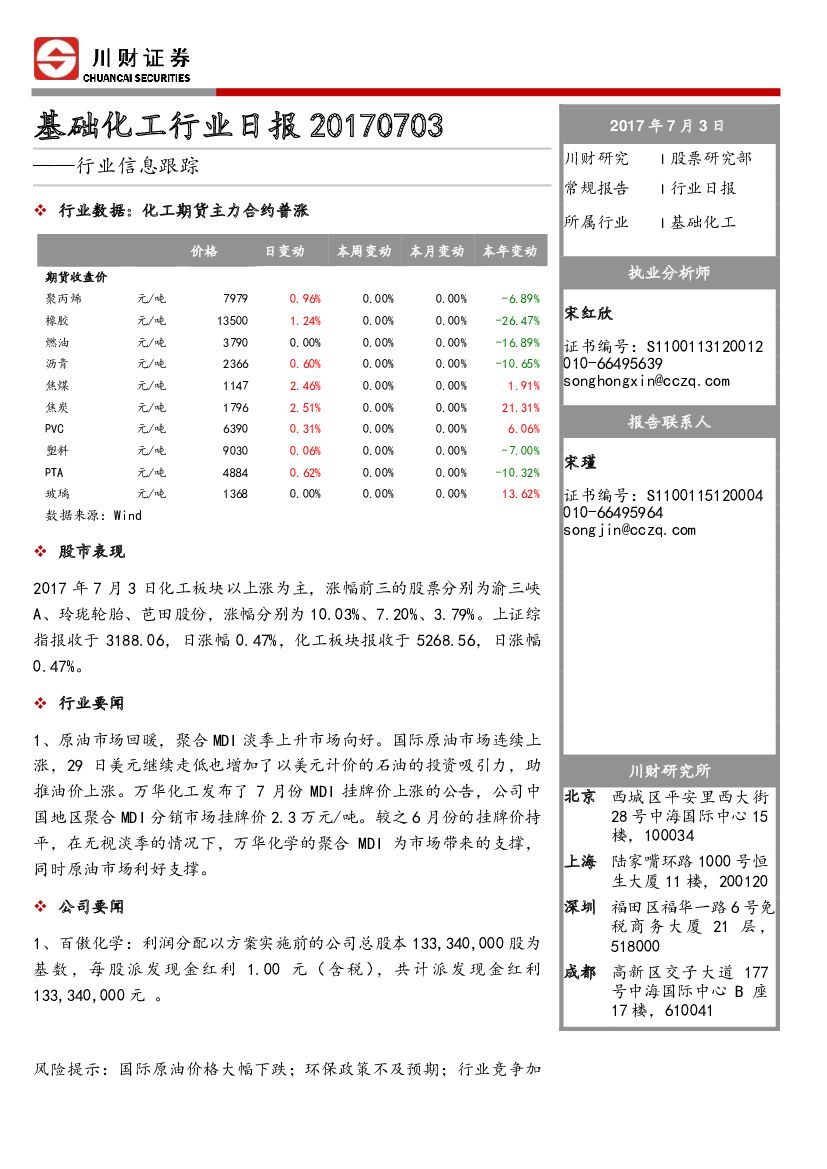 川财证券：基础化工行业日报