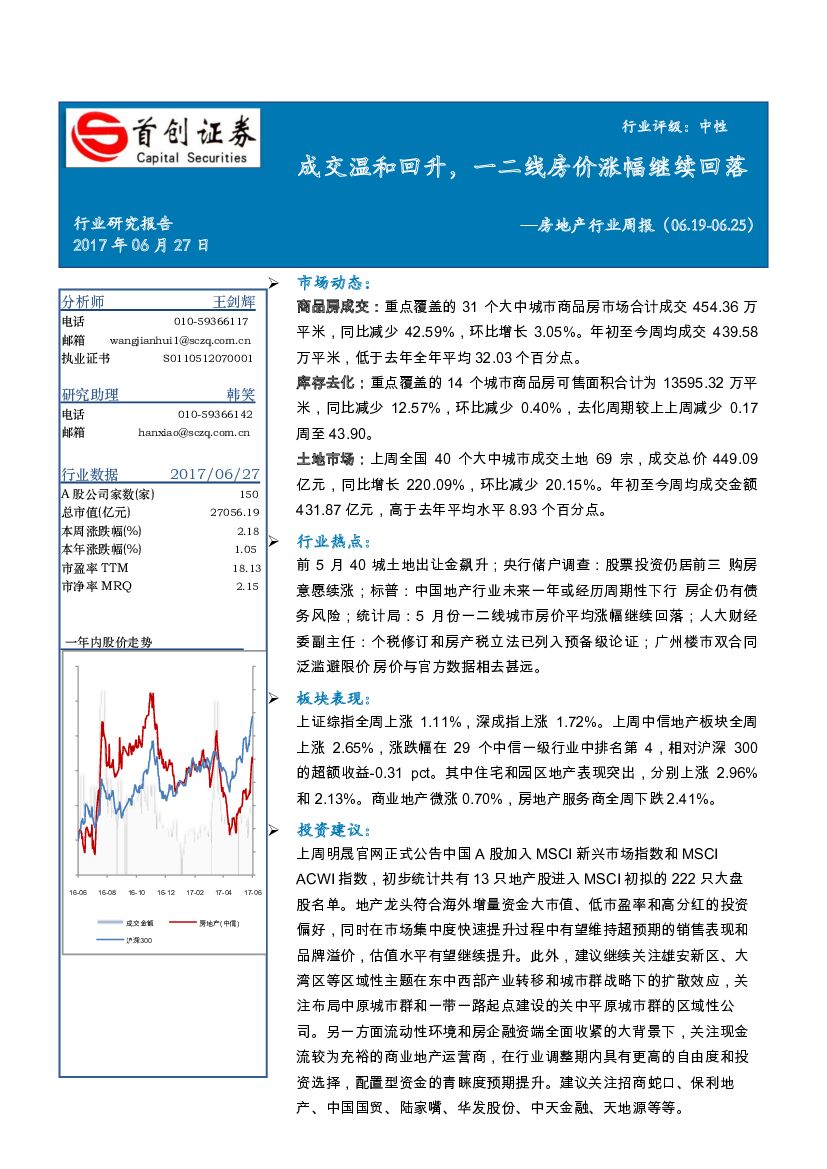首创证券：房地产行业周报：成交温和回升，一二线房价涨幅继续回落