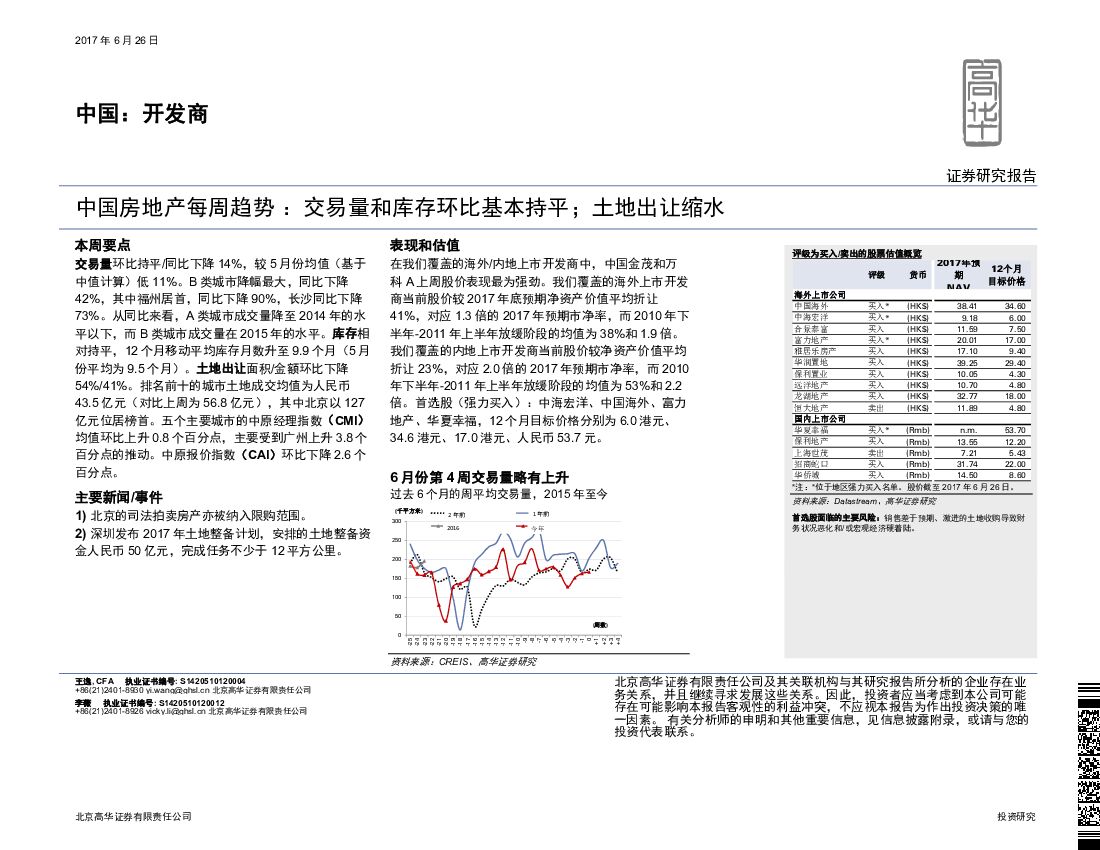 高华证券：中国房地产每周趋势：交易量和库存环比基本持平；土地出让缩水