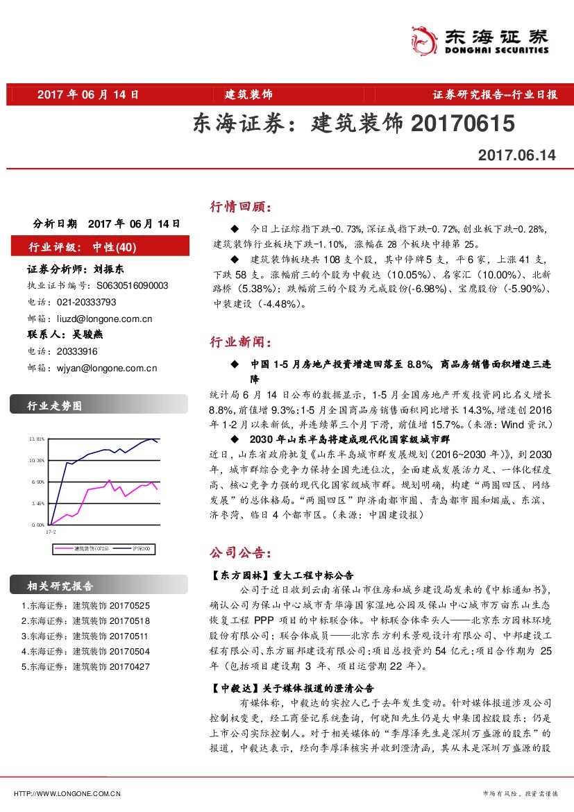 东海证券：建筑装饰行业日报