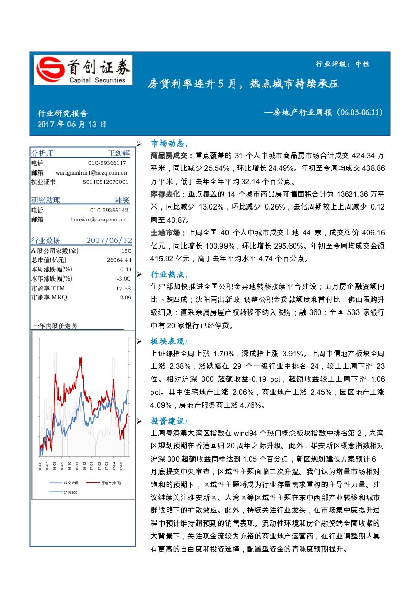首创证券：房地产行业周报：房贷利率连升5月，热点城市持续承压