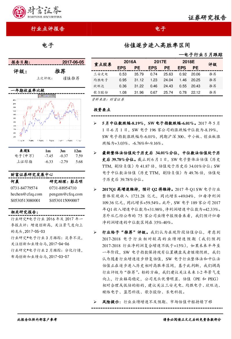 财富证券：电子行业5月跟踪：估值逐步进入高胜率区间
