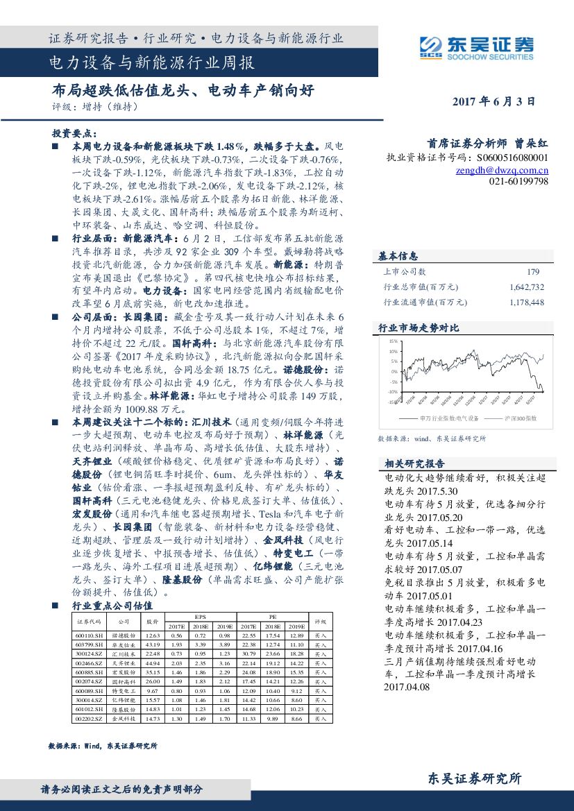 东吴证券：电力设备与新能源行业周报：布局超跌低估值龙头、电动车产销向好
