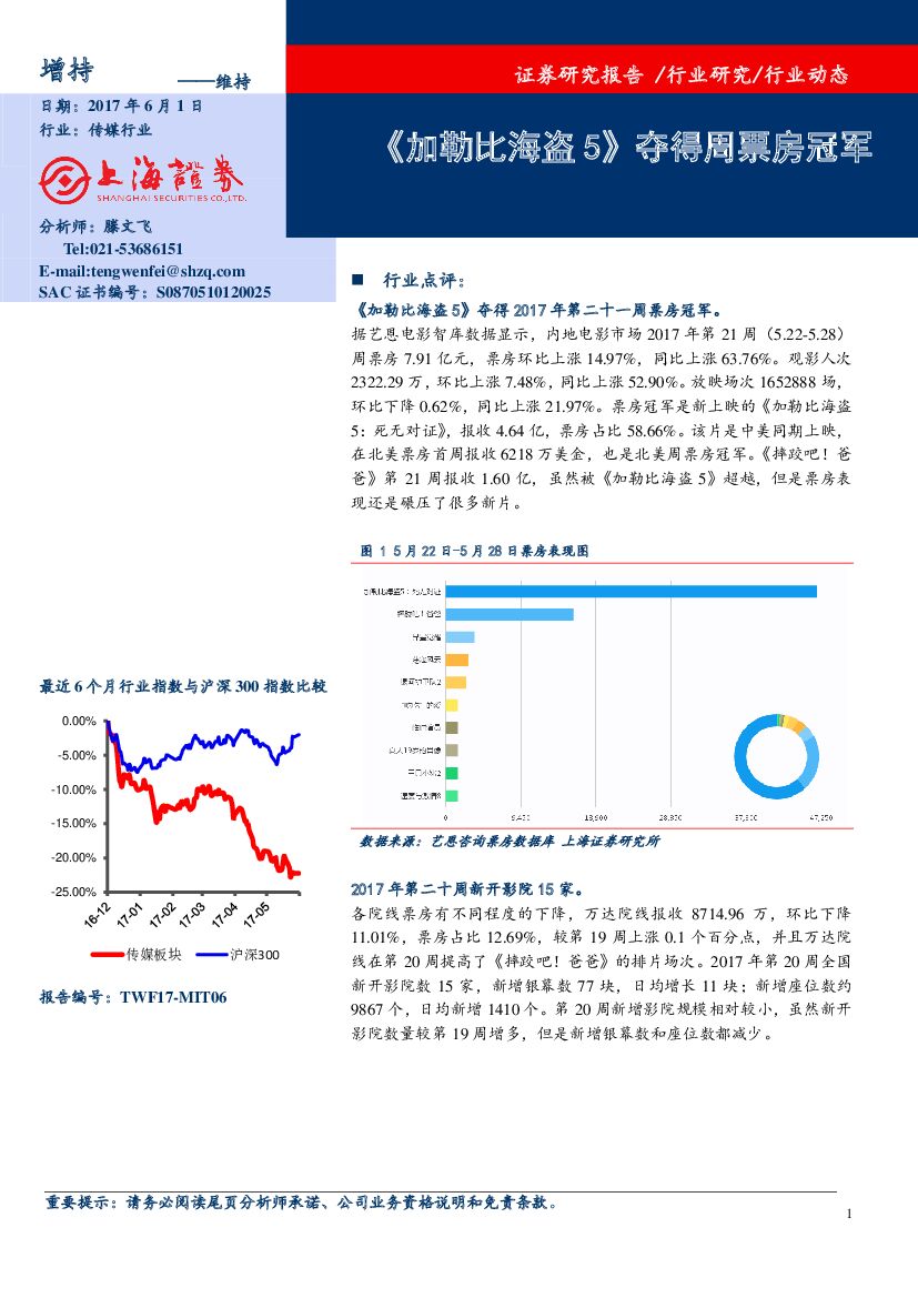 上海证券：传媒行业动态：《加勒比海盗5》夺得周票房冠军
