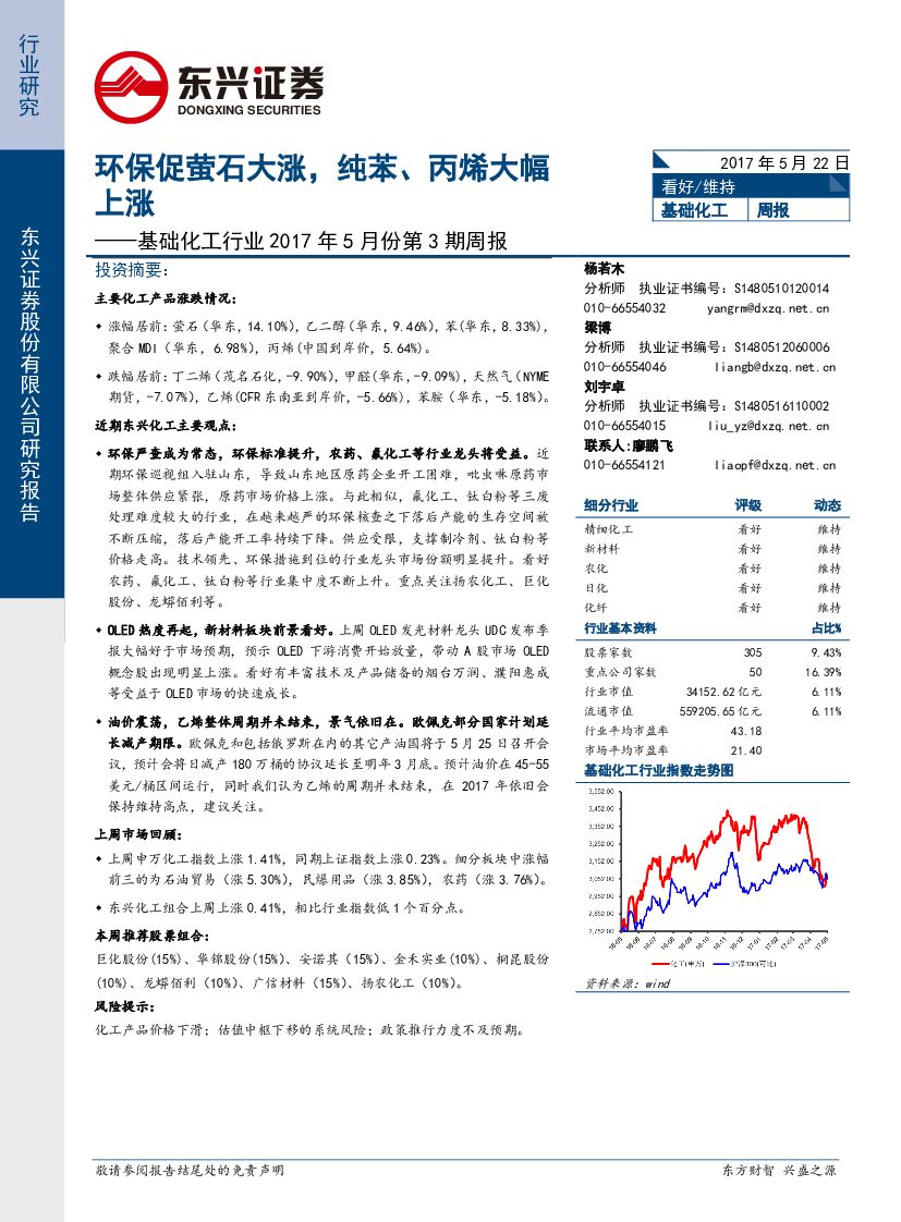 东兴证券：基础化工行业2017年5月份第3期周报：环保促萤石大涨，纯苯、丙烯大幅上涨