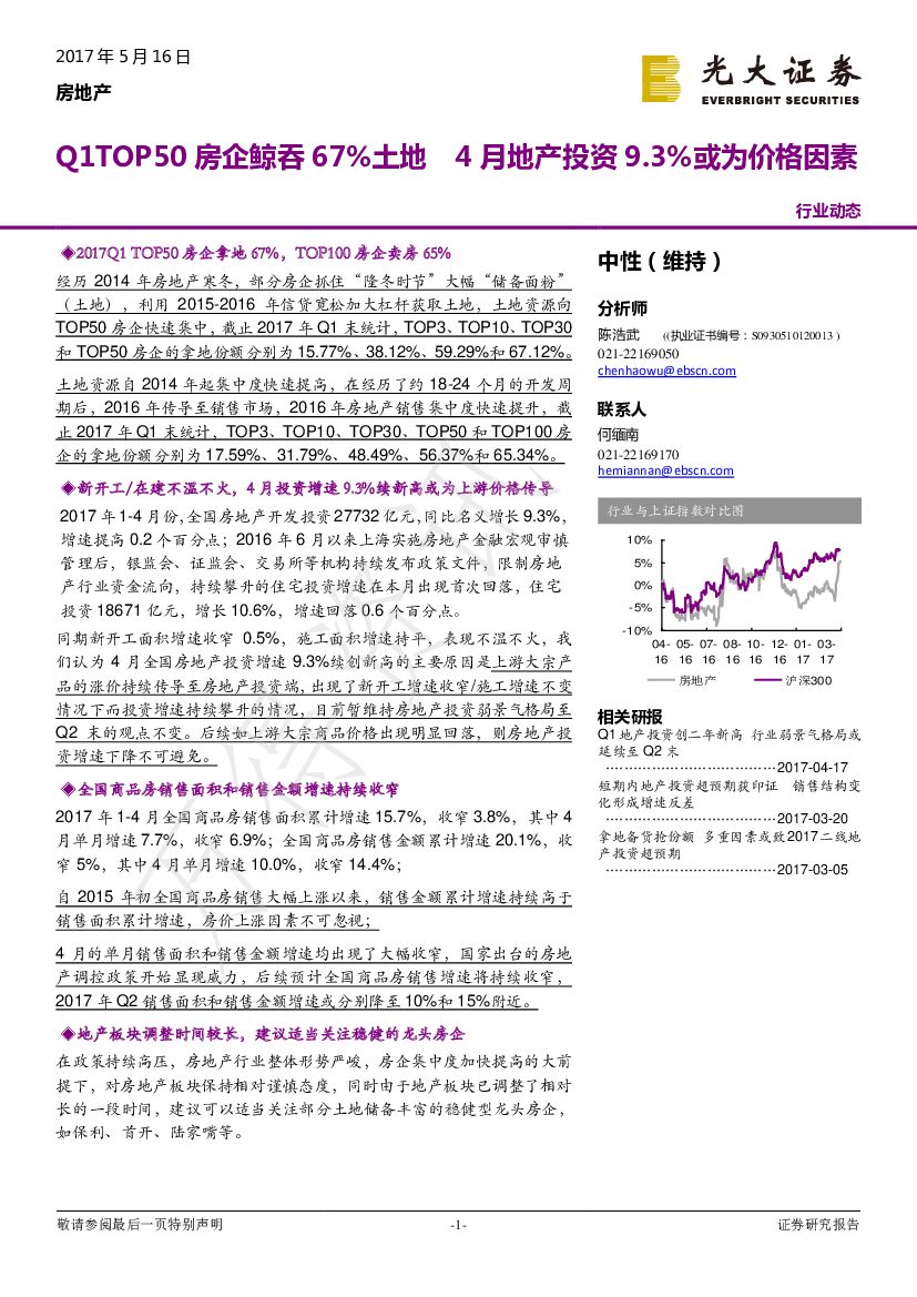 光大证券：房地产行业动态：Q1TOP50房企鲸吞67%土地 4月地产投资9.3%或为上游价格因素