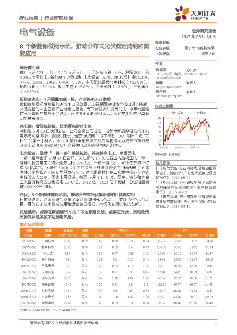 天风证券：电气设备行业研究周报：8个新能源微网示范，推动分布式光伏就近消纳和储能应用