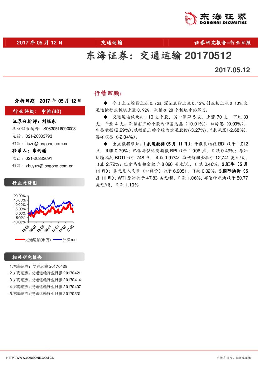 东海证券：交通运输行业日报