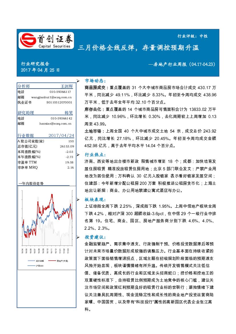 首创证券：房地产行业周报：三月价格全线反弹，存量调控预期升温