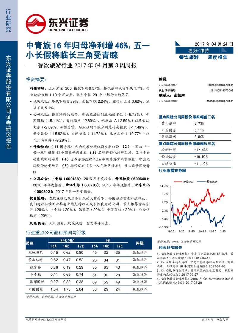 东兴证券：餐饮旅游行业周报：中青旅16年归母净利增46%，五一小长假将临长三角受青睐