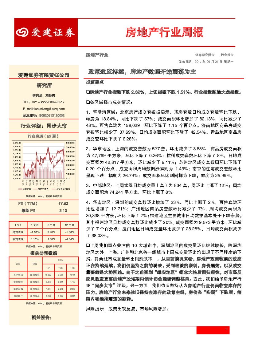 爱建证券：房地产行业周报：政策效应持续，房地产数据开始震荡为主