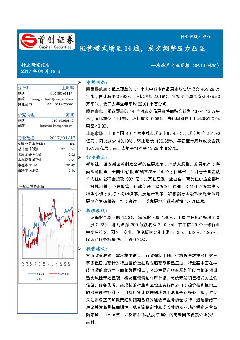 首创证券：房地产行业周报：限售模式增至14城，成交调整压力凸显