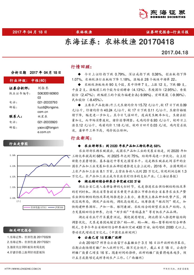 东海证券：农林牧渔行业日报