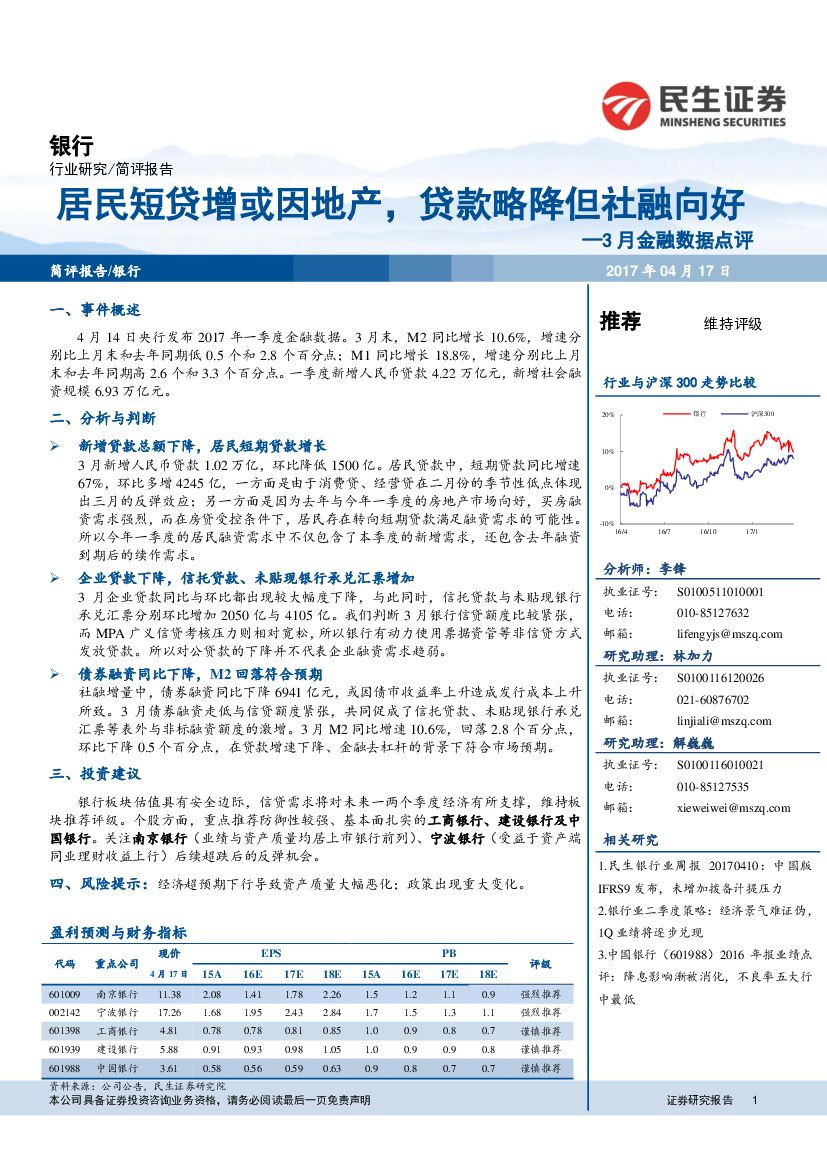 民生证券：3月金融数据点评：居民短贷增或因地产，贷款略降但社融向好
