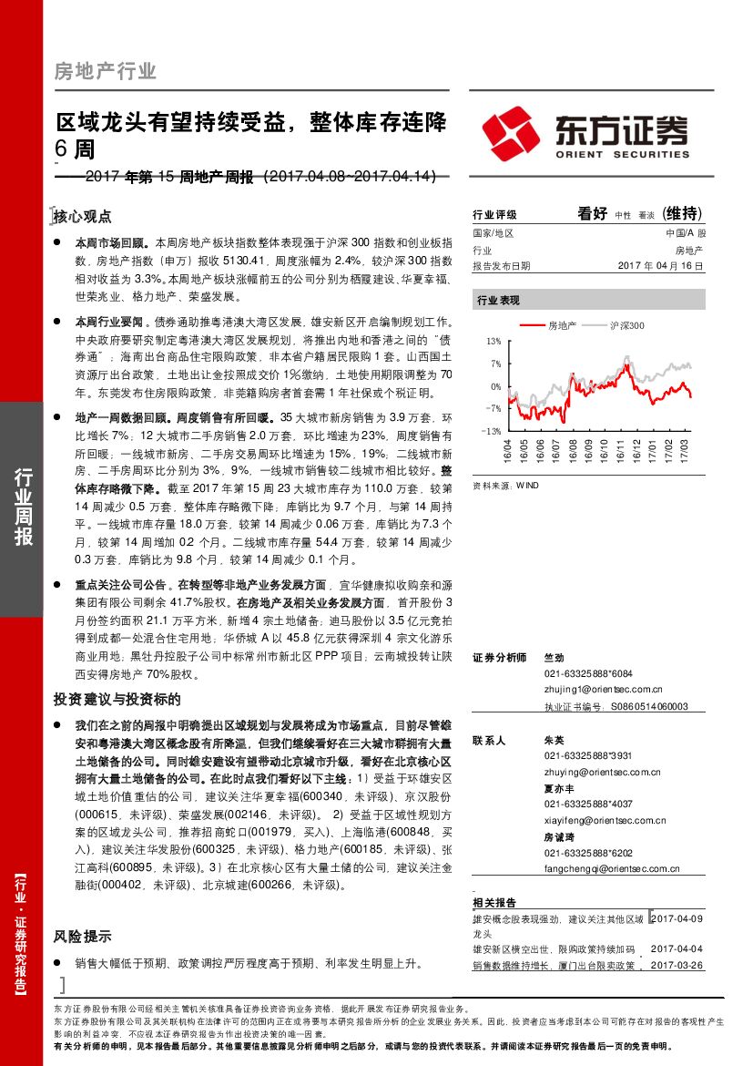 东方证券：2017年第15周地产周报：区域龙头有望持续受益，整体库存连降6周