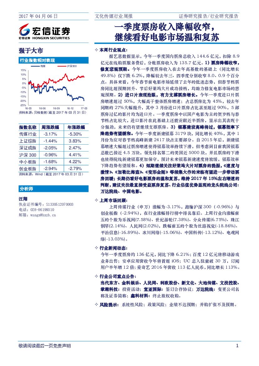 宏信证券：文化传媒行业周报：一季度票房收入降幅收窄，继续看好电影市场温和复苏