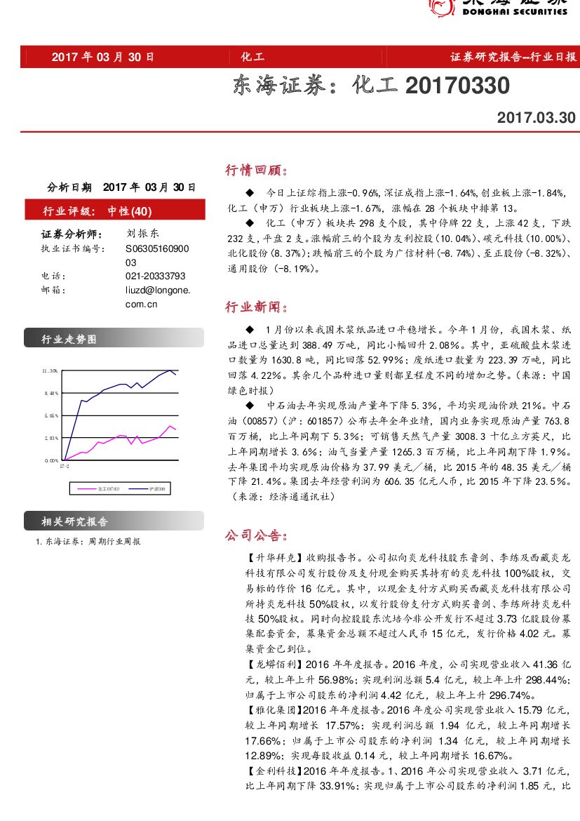 东海证券：化工行业日报