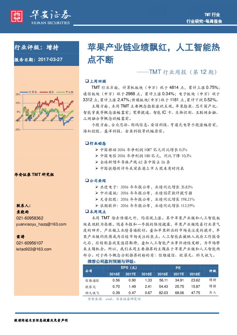 华安证券：TMT行业周报（第12期）：苹果产业链业绩飘红，人工智能热点不断