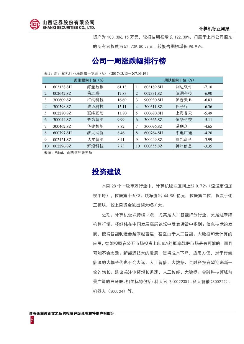 山西证券：计算机行业周报：关注人工智能、大数据、金融科技领域前景广阔的白马股_第8页