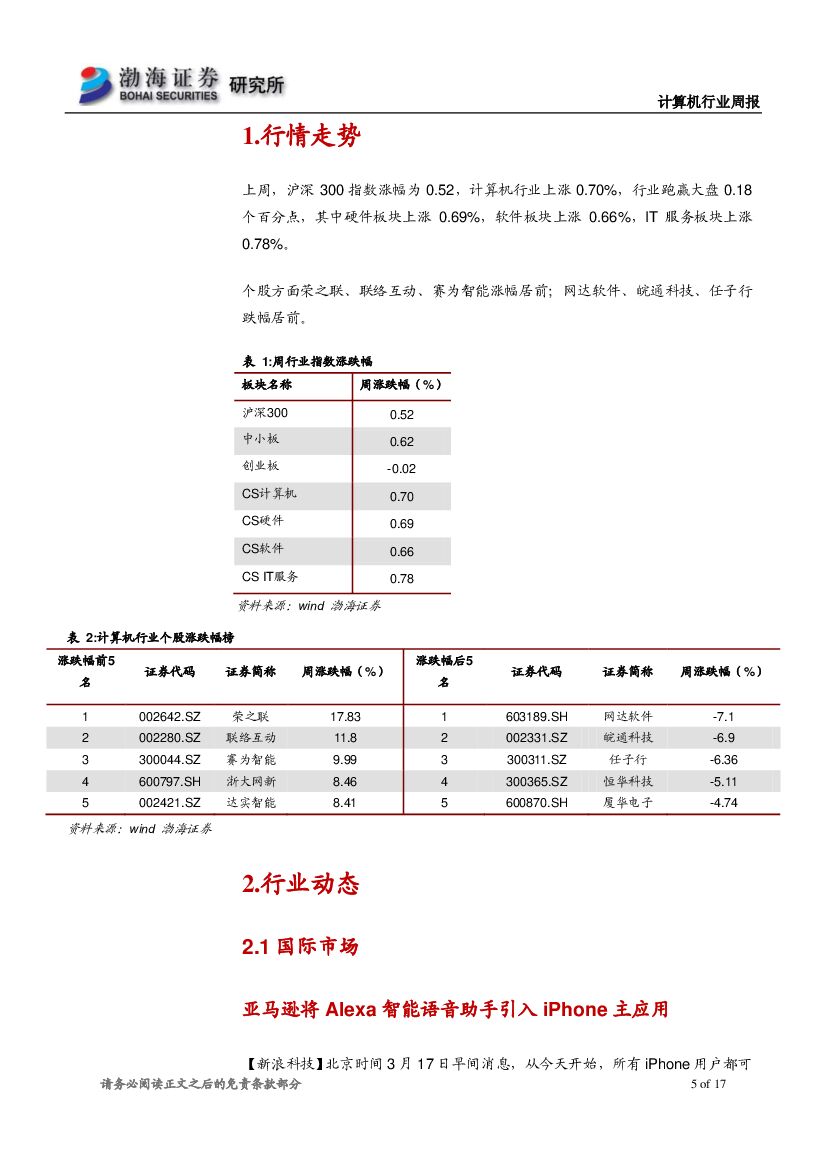 渤海证券：计算机行业周报：巨头布局人工智能，关注绩优白马股_第5页