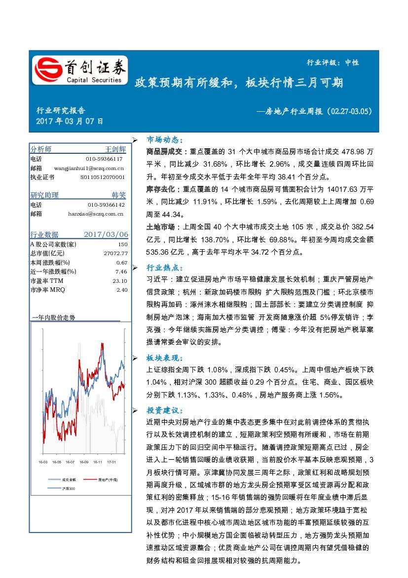 首创证券：房地产行业周报：政策预期有所缓和，板块行情三月可期