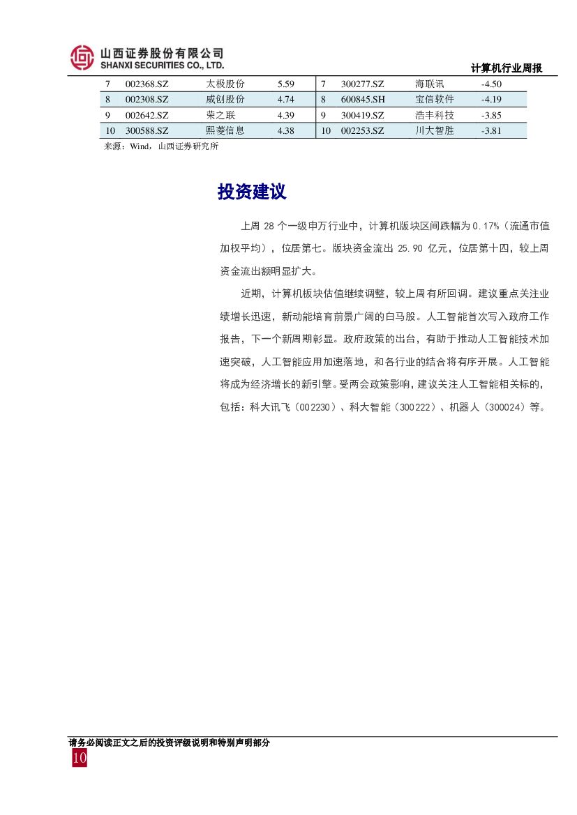 山西证券：计算机行业周报：人工智能首次写入政府工作报告，成为经济增长的新引擎_第10页