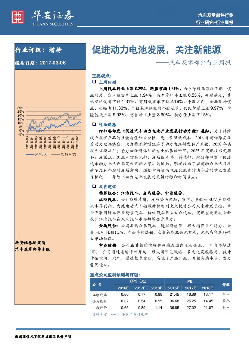 华安证券：汽车及零部件行业周报：促进动力电池发展，关注新能源