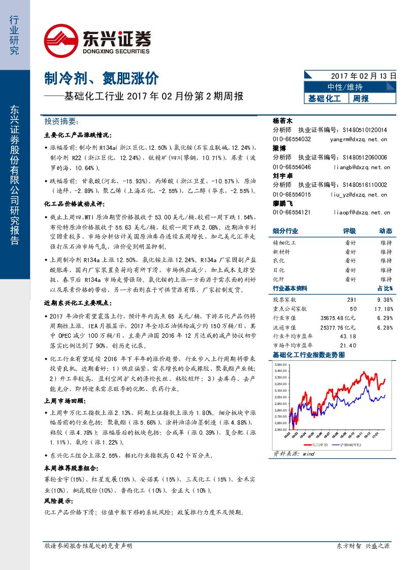 东兴证券：基础化工行业周报：制冷剂、氮肥涨价